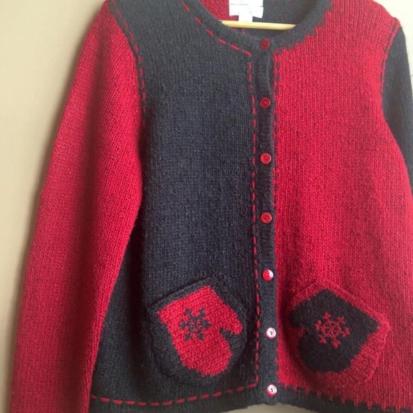 Vintage Christopher & Banks Hand Embroidered Mitten Christmas Knit Cardigan. L. - Picture 3 of 7